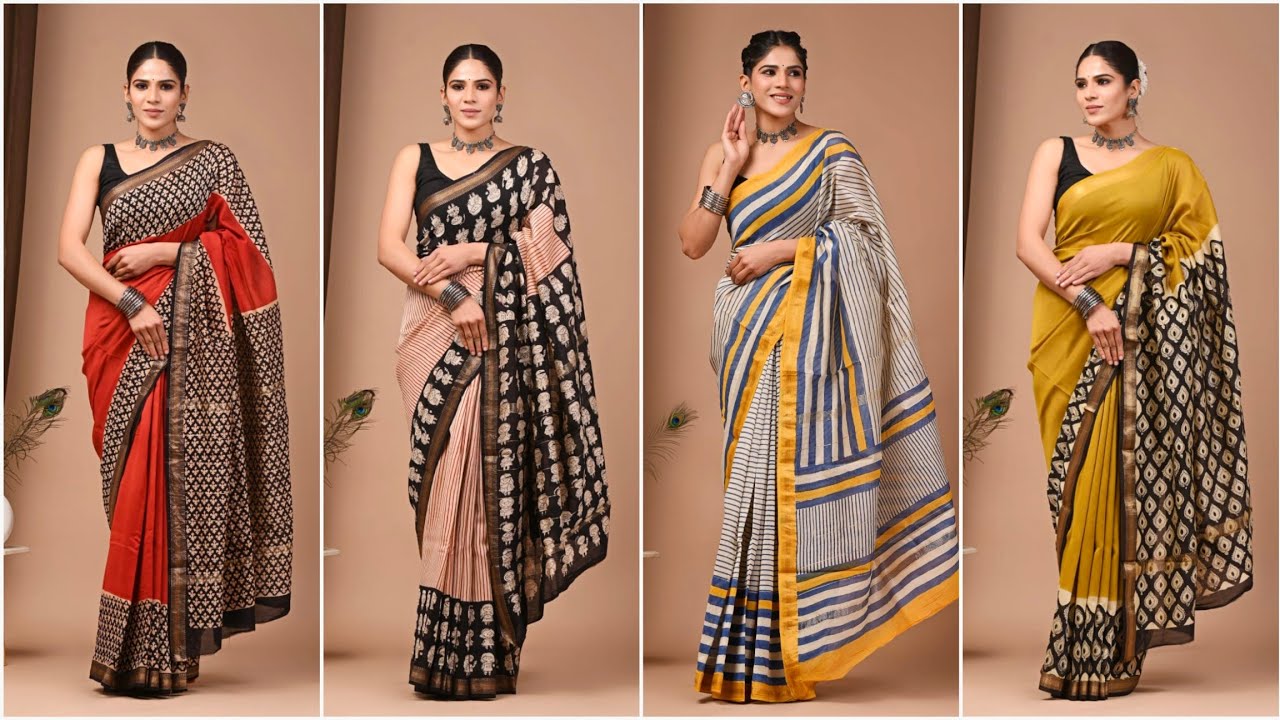 Maheshwari Silk Sarees | Free Shipping | Bagru Print Maheshwari Silk Sarees 