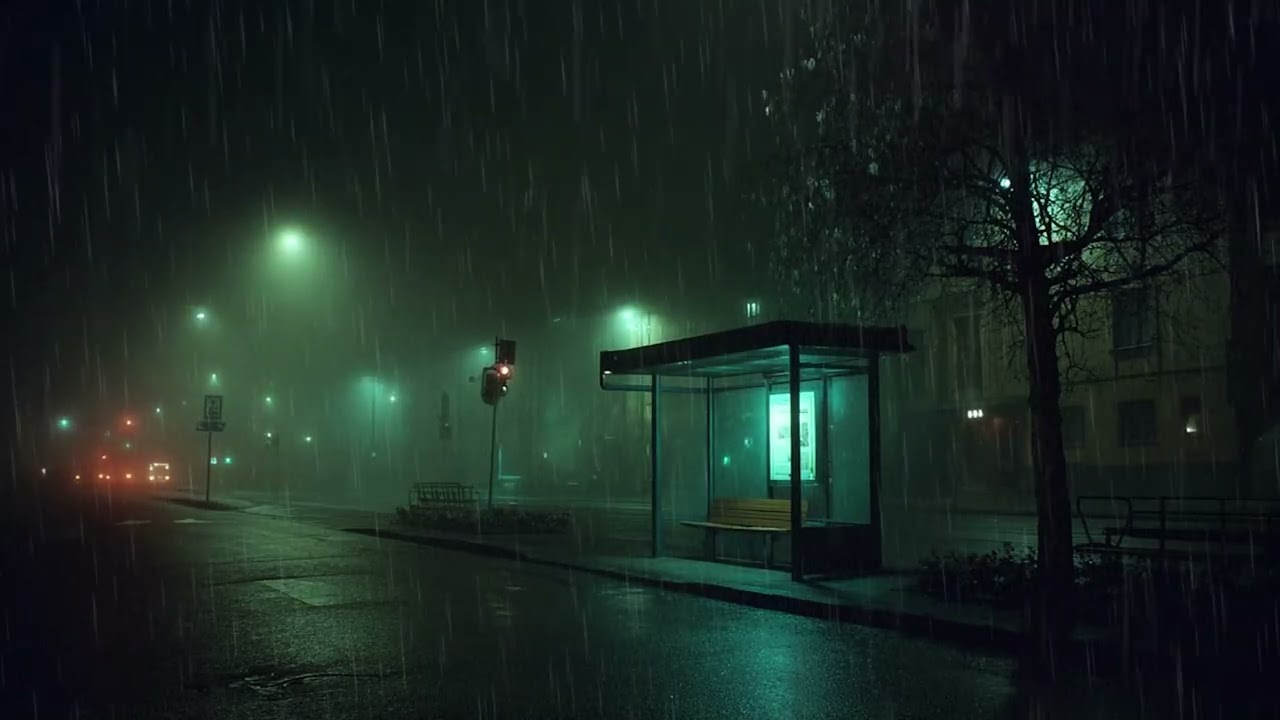 Quiet Bus Station After Midnight 🌧️ Heavy Rain for Sleep & Relaxation