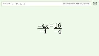Linear equation with one unknown: Solve 4x-23=8x-7 step-by-step solution