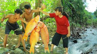 Survival in the rainforest-mans found red fish for cook in clay -Eating delicious