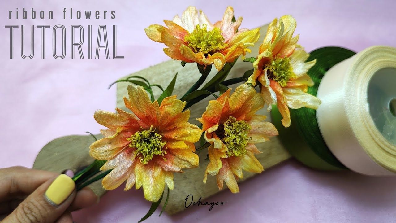 DIY cosmos flower making/how to make satin ribbon flower easy YouTube