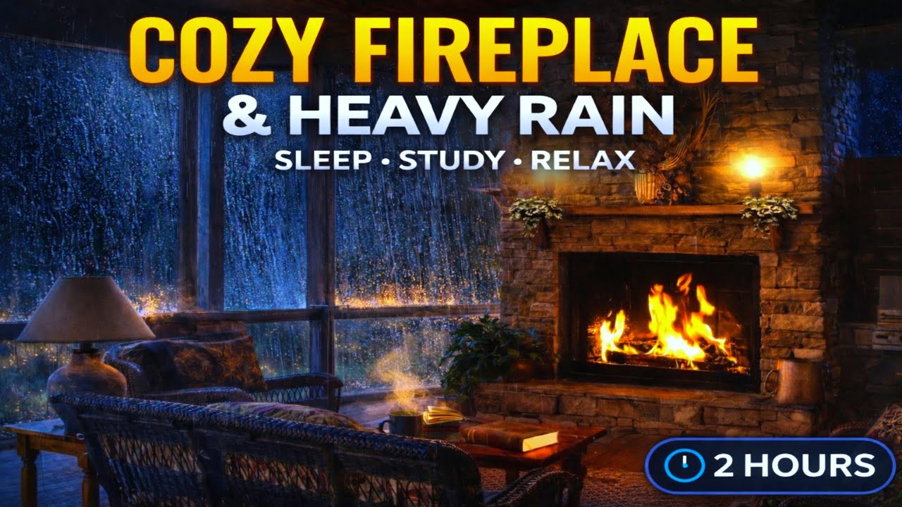 Cozy Fireplace with Heavy Rain 🌧️🔥 | Deep Sleep & Relaxing Ambience ...