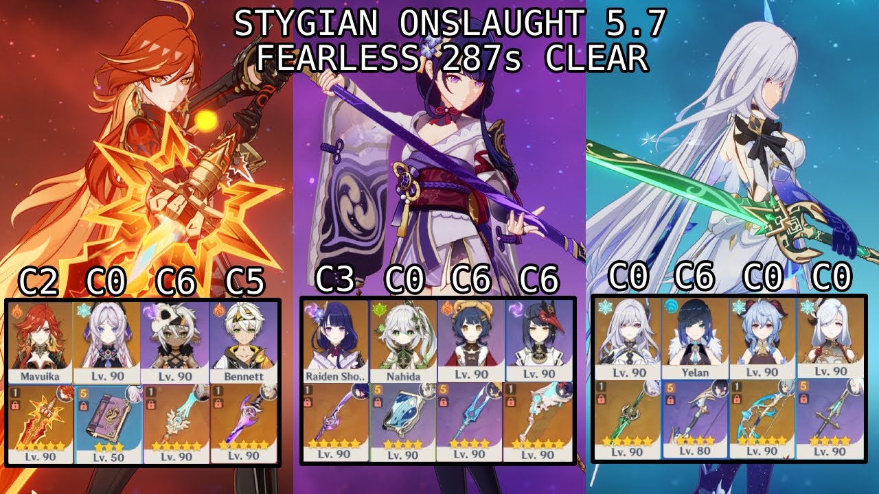 [5.7 Stygian Onslaught] Mavuika, Raiden Shogun DPS & Skirk without Escoffier Fearless 287s clear