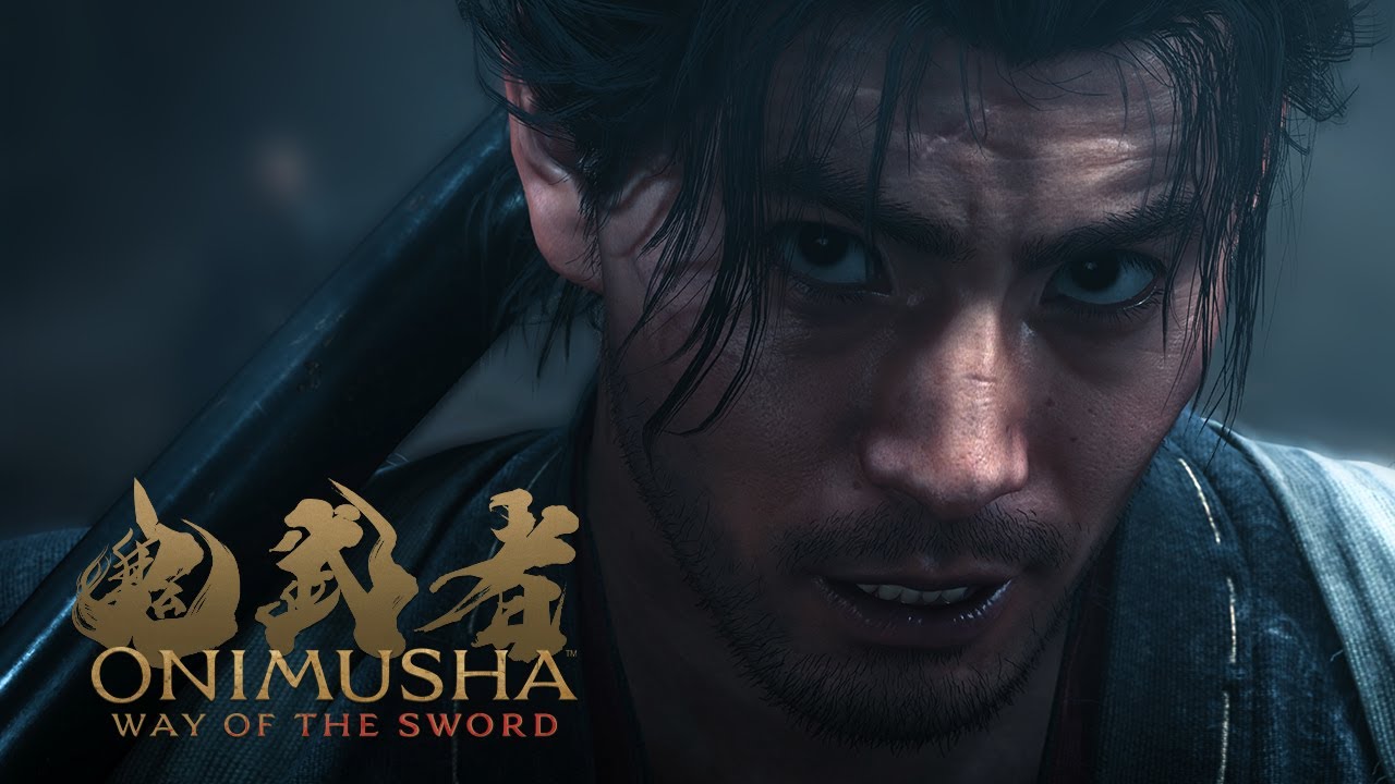Official 1st Trailer thumbnail: a close-up of Miyamoto Musashi with a dark sword over his shoulder and the Onimusha: Way of the Sword logo.