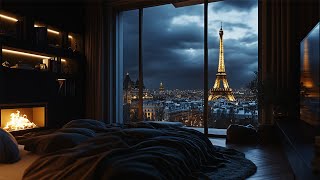 A Snowy Winter Night From A Luxury Paris Penthouse❄️Snowfall Winter Ambience & Crackling Fireplace