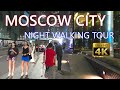 Moscow City - Night Walking Tour - Skyscrapers of Russia - 4K🎧 Evening City Walk With Ambient Sounds