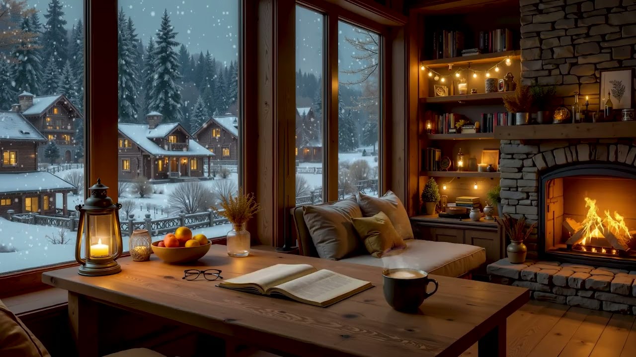 Спокойная зимняя атмосфера кофейни ☕ Расслабляющая джазовая музыка и потрескивающий камин
