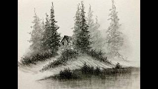 Easy Forest Cabin Charcoal Drawing