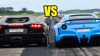 In this video you can see the ferrari f12 berlinetta novitec rosso
n-largo vs lamborghini aventador , making some revs and also
accelerations on dra...