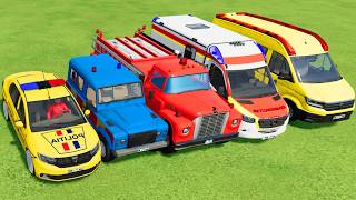 TRANSPORTING POLICE CARS, AMBULANCE, FIRE TRUCK, COLORFUL CARS WITH TRAIN -FARMING SIMULATOR 22! screenshot 2