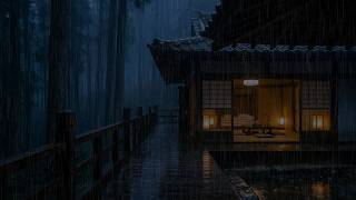 Heavy Rain at Night on a Quiet Forest Wooden Cabin with Relaxing Rain Ambience