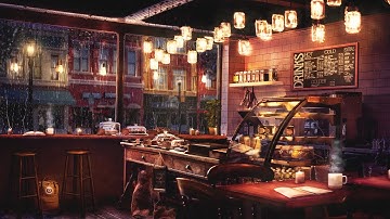 Rainy Night Coffee Shop Ambience with Relaxing Jazz Music and Rain Sounds - 8 Hours