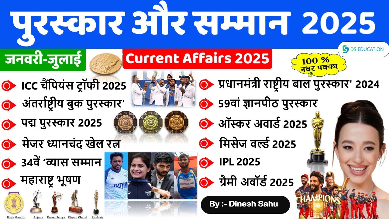 पुरस्कार सम्मान | Awards and Honours 2025 | Current Affairs 2025 | DS education | By Dinesh Sahu