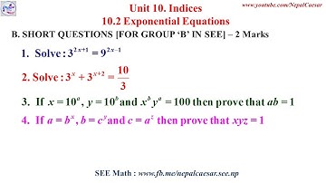 Unit 10: Indices P5 || Exponential Equation Short Question Solutions || Class 10 C. Math || SEE 2078