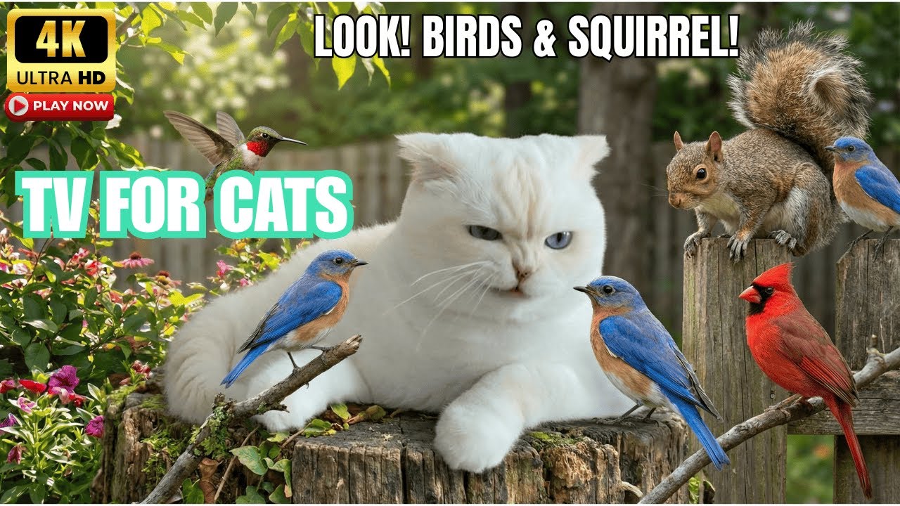 Cat TV 😺 Gentle Backyard Wildlife with Birds and a Curious Squirrel | 4K UHD