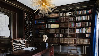 Charming Home Office Library - Custom Dark Wood Furniture, Ladder, & Cabinets with Gold Accents Charming Home Office Library - Custom Dark Wood Furniture, Ladder, & Cabinets with Gold Accents
