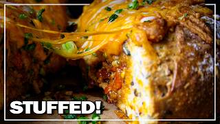 Baked spelt bread stuffed with minced meat and cheese|ASMR