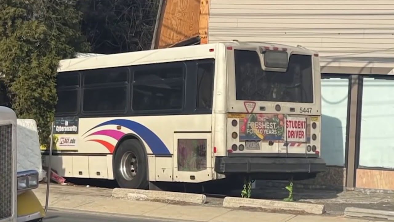 NJ Transit bus with student driver on board crashes in building - YouTube