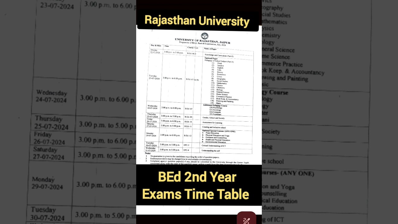 Rajasthan University BED 2nd Year EXAM Time Table 2024 / BEd Exam Time Table 
