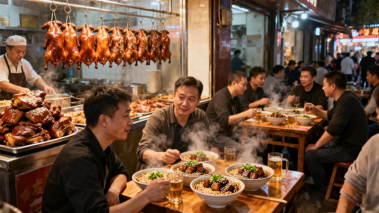 半锅糖烧半锅肉，带皮猪五花先煮后炸切成7两一块再卤制 南京虎皮大肉面27元一碗.【舟小九】
