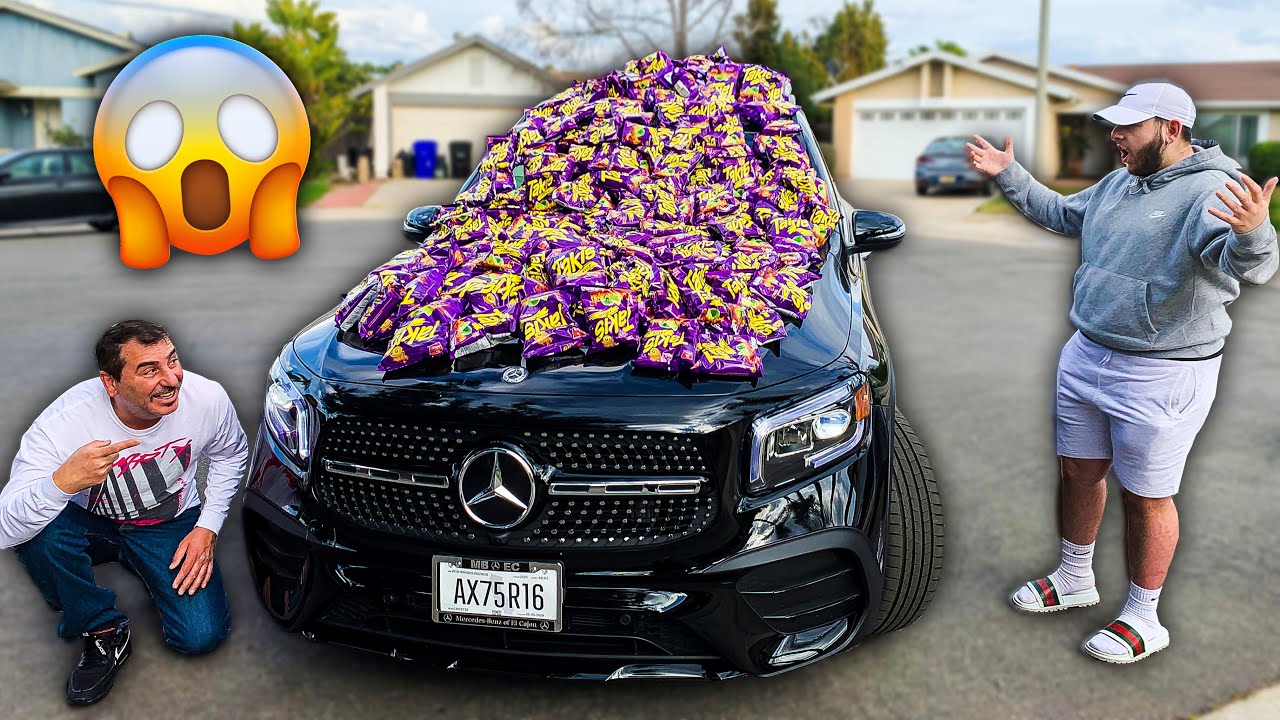WE FILLED HIS NEW CAR WITH 1000 BAGS OF TAKIS!! YouTube