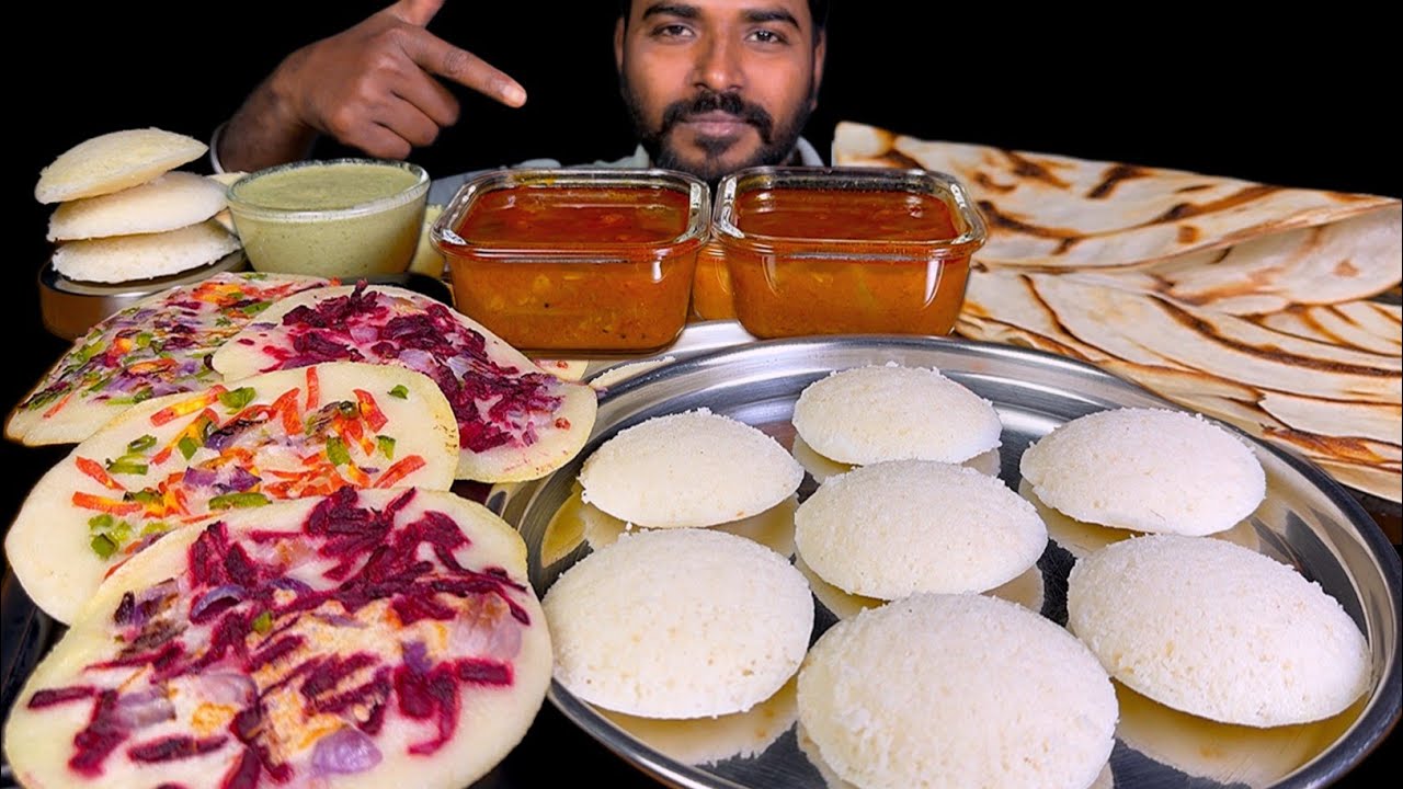 Eating Instant Rava Dosa with Idli Sambar | Uttapam & Coconut Chutney Mukbang | South Indian Food 