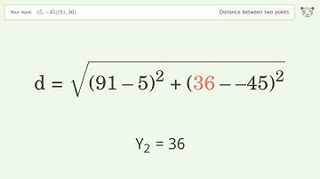 Find the distance between two points p1 (5,-45) and p2 (91,36): Step-by-Step Video Solution