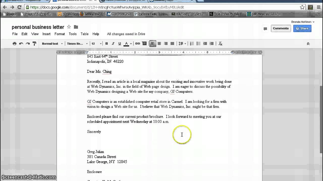 Personal Business Letter Format--Google Documents