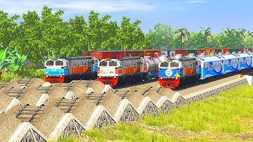 3 Diesel Trains vs Three Bumpy Speed Bump Risky railroad Track #99 | BeamNG.Drive Trainz Simulator