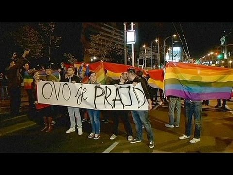 Gay rights activists in Serbia protest government ban on gay march - YouTub...