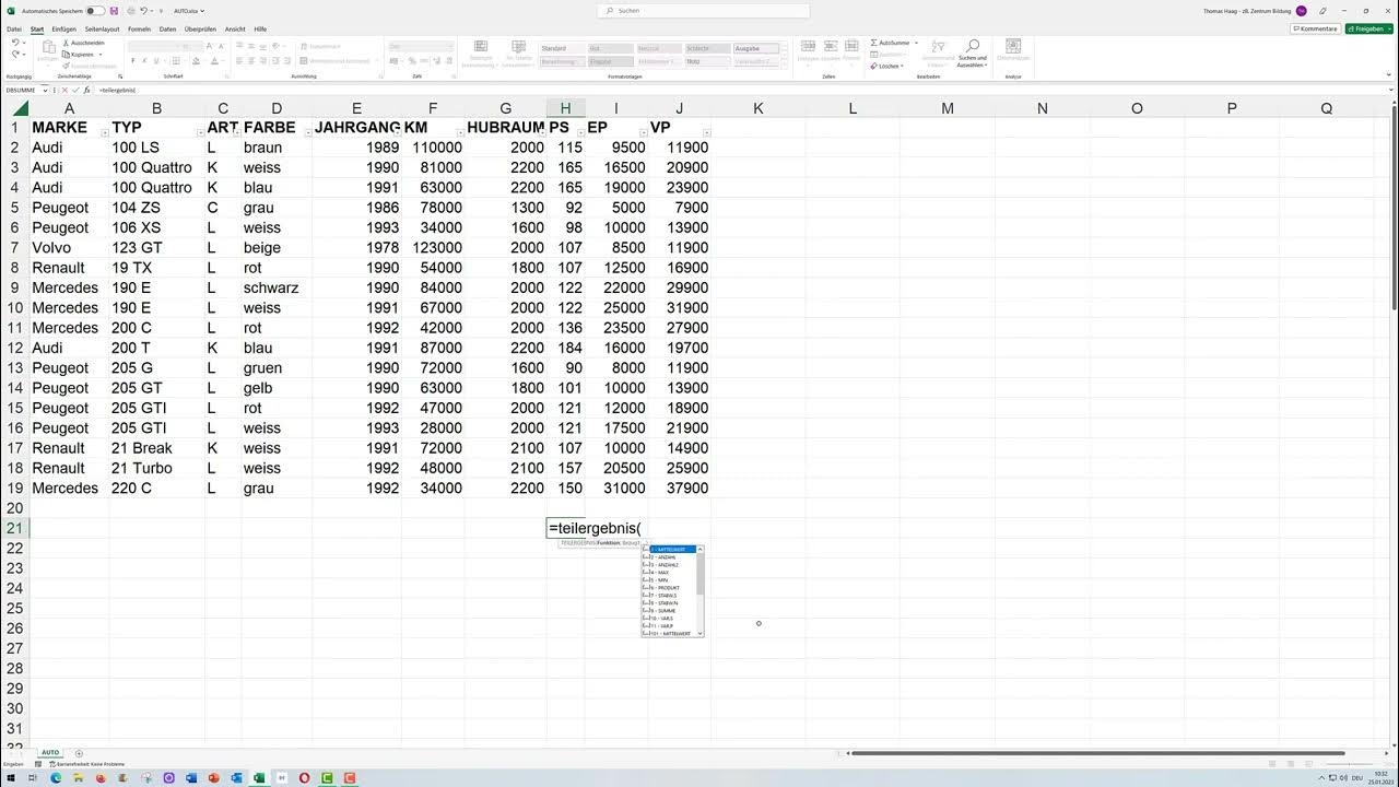 Excel funktion teilergebnis youtube