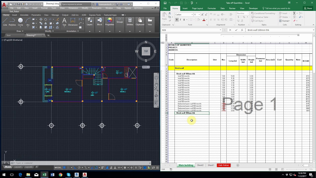 How to takeoff brick wall quantities automatically from Cad to Excel
