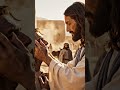Jesus places his hand on a blind person and healing him