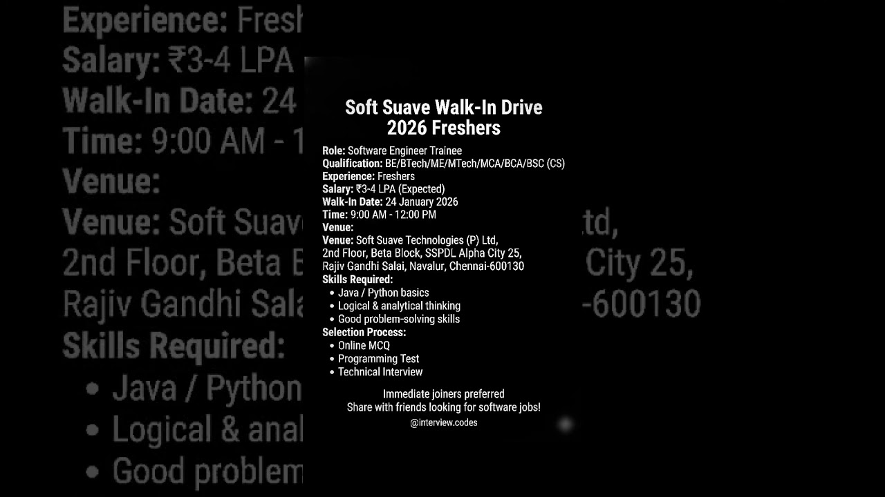 Caption:🚨 MASSIVE WALK-IN! Soft Suave Hiring Freshers Jan 24