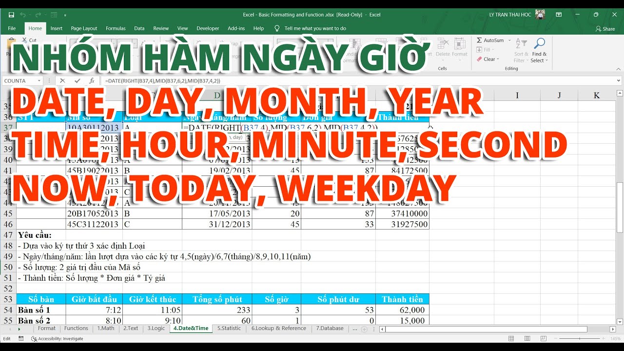 Thực Hành Với Nhóm Hàm Ngày Giờ: Date, Day, Month, Year, Time, Hour, Minute, Second, Today, Weekday