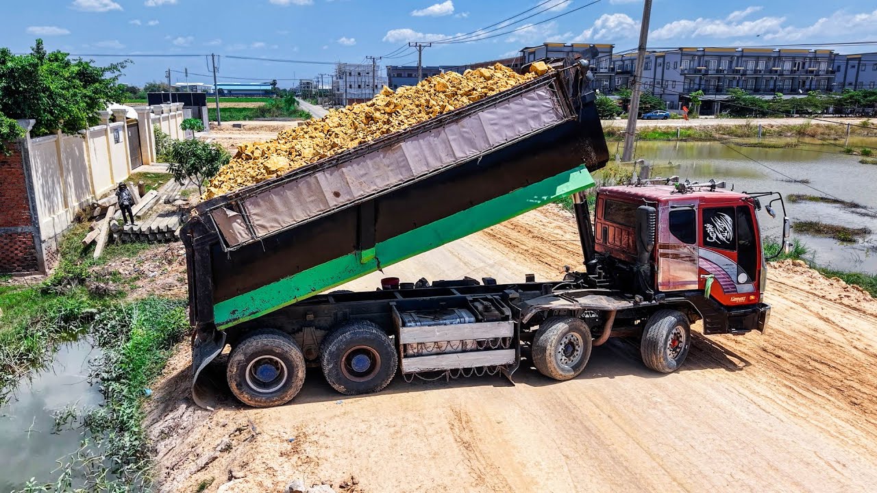 WOW! GREAT START Opening new Project LANDFILL Task! Using Heavy DumpTrucks Unloading Rocksoil &DOZER