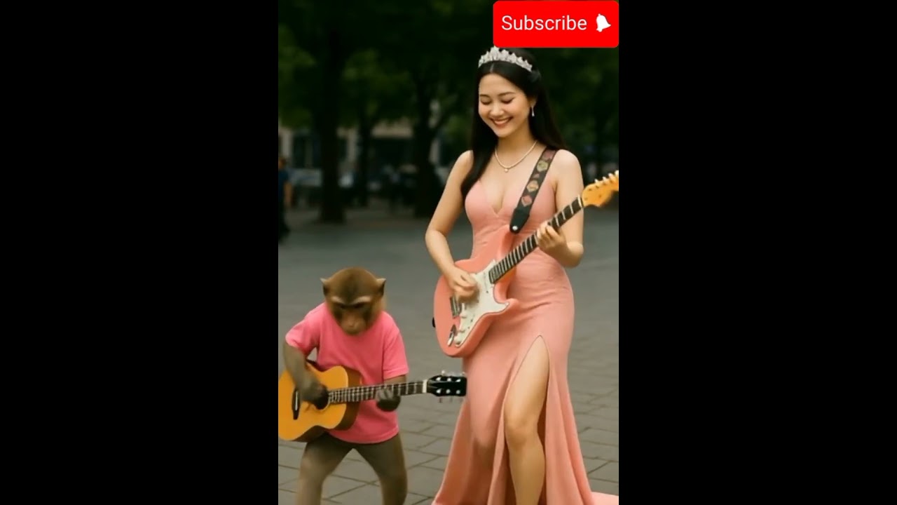 Cute girl with monkey playing guitar on HongKong street