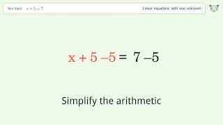 Linear equation with one unknown: Solve x+5=7 step-by-step solution