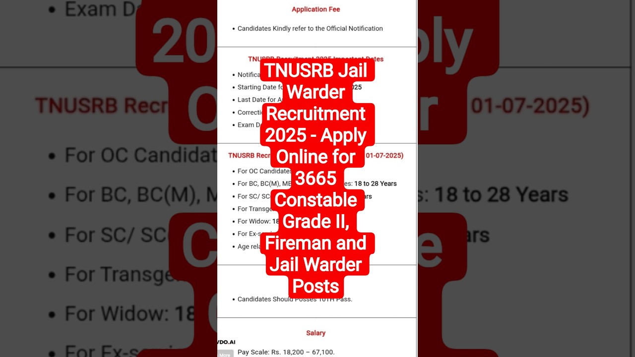 TNUSRB Jail Warder Recruitment 2025 - Apply Online for 3665 Constable Grade II, Fireman 