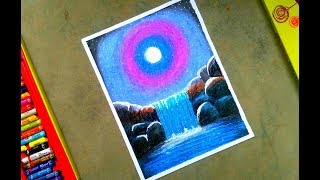 How to draw a midnight silver moonlight waterfall scenery with oil pastel / step by step