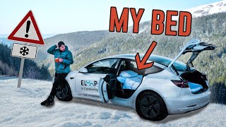 Sleeping in Tesla Model 3 in the Snow