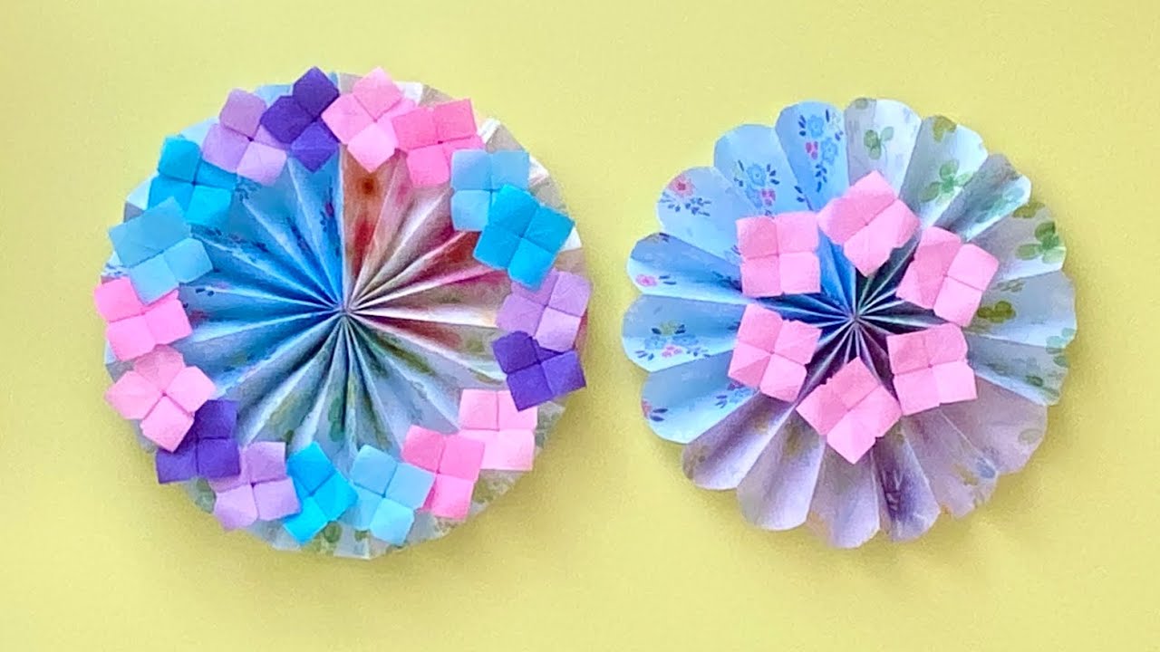 折り紙】カラフルな紫陽花（アジサイ）の壁飾り／【Origami】Colorful