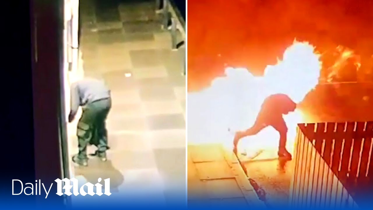 Moment thug tries to set soft play on fire and lights himself on fire