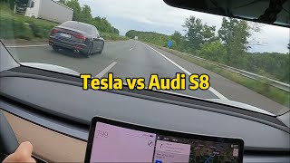 Cheapest Tesla vs Audi S8 on German autobahn!