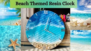 🏝️DIY Epoxy Resin 18 Inch Beach Themed Clock Easy Tutorial for Beginners ✨| Ocean Waves wall Clock 💙
