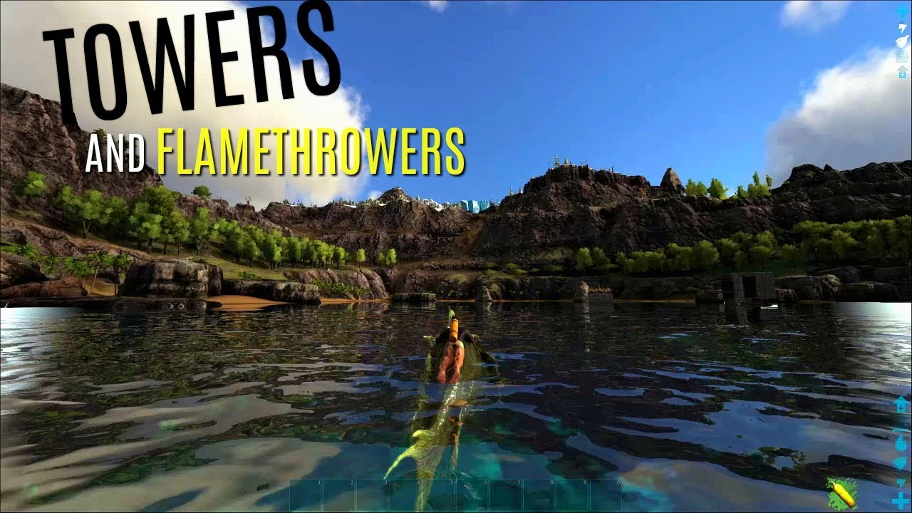 1st TURRET TOWER BUILD and FLAMETHROWERS Official PVP ARK Survival
