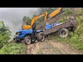 Difficult for Tractor Turning on Road-JCB and Volvo Excavator Widening Mountain Road Turn