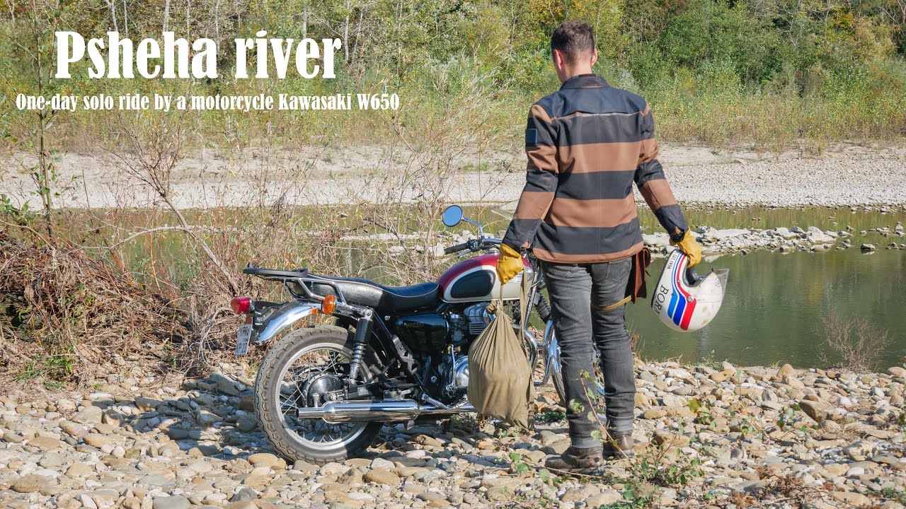 Psheha river. One-day solo ride on a Kawasaki W650 motorcycle.