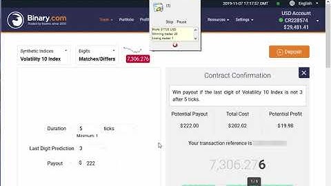 REAL ACCOUNT +$1500 USD Automated Trading Binary.com Volatility (Digits Differs) 7 November 2019