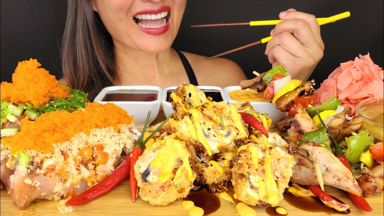 SUPER ALBACORE ROLL SUSHI POKI SALAD FLAMING STUFFED MUSHROOMS CHICKEN YAKITORI ASMR MUKBANG EATING